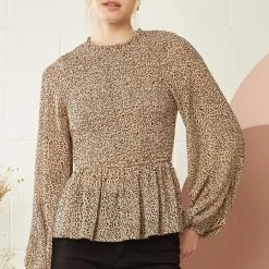Purple Door Boutique Taupe Leopard Print Peplum Top Ladies'