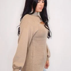 Purple Door Boutique Trendy Cutout Latte Sweater