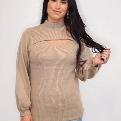 Purple Door Boutique Trendy Cutout Latte Sweater