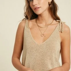 Purple Door Boutique Effortless Taupe Shoulder Tie Knit Tank Summer SALE