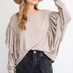 Purple Door Boutique Ladies' Best Ruffle Taupe Dolman Top