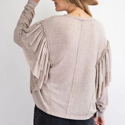 Purple Door Boutique Ladies' Best Ruffle Taupe Dolman Top