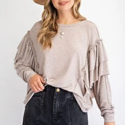 Purple Door Boutique Ladies' Best Ruffle Taupe Dolman Top
