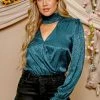 Purple Door Boutique New Arrivals Teal Satin Surplice Cutout Bodysuit