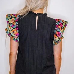 Purple Door Boutique Black Embroidered Flutter Sleeve Top New Arrivals