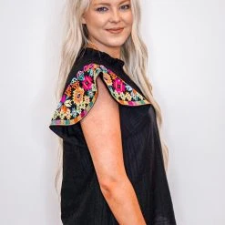 Purple Door Boutique Black Embroidered Flutter Sleeve Top New Arrivals