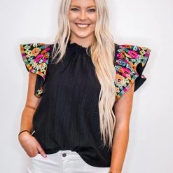 Purple Door Boutique Black Embroidered Flutter Sleeve Top New Arrivals