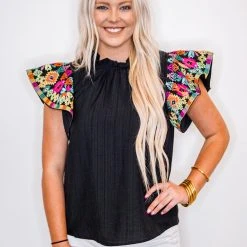 Purple Door Boutique Black Embroidered Flutter Sleeve Top New Arrivals