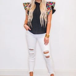 Purple Door Boutique Black Embroidered Flutter Sleeve Top New Arrivals