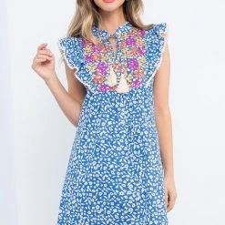 New Arrivals THML Flower Embroidered Blue Dress