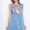 New Arrivals THML Flower Embroidered Blue Dress