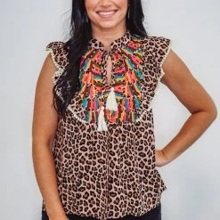 Purple Door Boutique THML Cheetah Embroidered Tassel Tie Ruffle Top