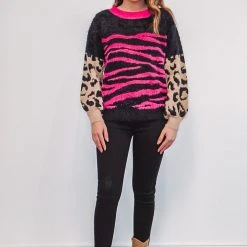 The Purple Door Boutique Animal Print Mohair Fuchsia Sweater New Arrivals
