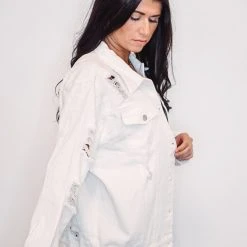 Purple Door Boutique Glory Days White Distressed Denim Jacket