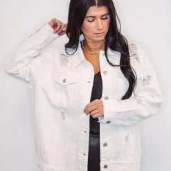 Purple Door Boutique Glory Days White Distressed Denim Jacket