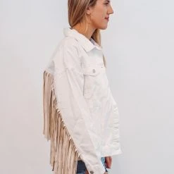 The Purple Door Boutique Oh My Fringe Ivory Denim Jacket Ladies'
