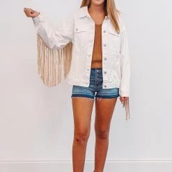 The Purple Door Boutique Oh My Fringe Ivory Denim Jacket Ladies'