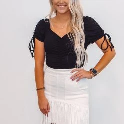 Purple Door Boutique Black Ruched Front Bodysuit Summer SALE