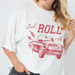 Purple Door Boutique Ladies' Just Roll Oversized Distressed Ivory Graphic Tee