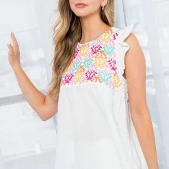 Purple Door Boutique White Multicolor Embroidered Babydoll Top