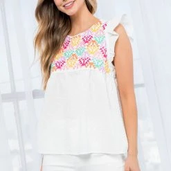 Purple Door Boutique White Multicolor Embroidered Babydoll Top