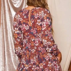 Purple Door Boutique Wine Floral Print Babydoll Dress