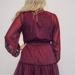 Purple Door Boutique Wine Shimmer Floral Print Dress New Arrivals