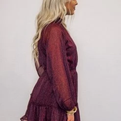 Purple Door Boutique Wine Shimmer Floral Print Dress New Arrivals